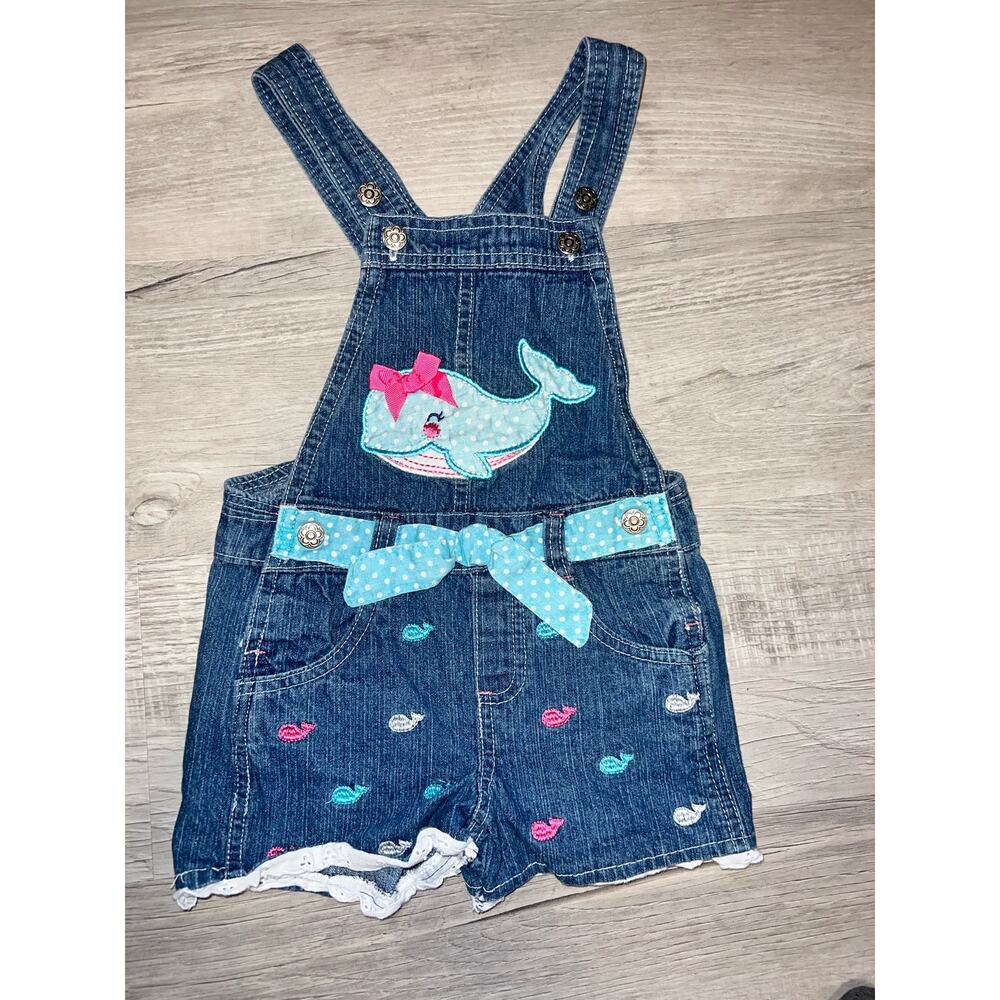 Vintage whale  denim short overalls girls size 4T. Blue /Pink embroidered whales